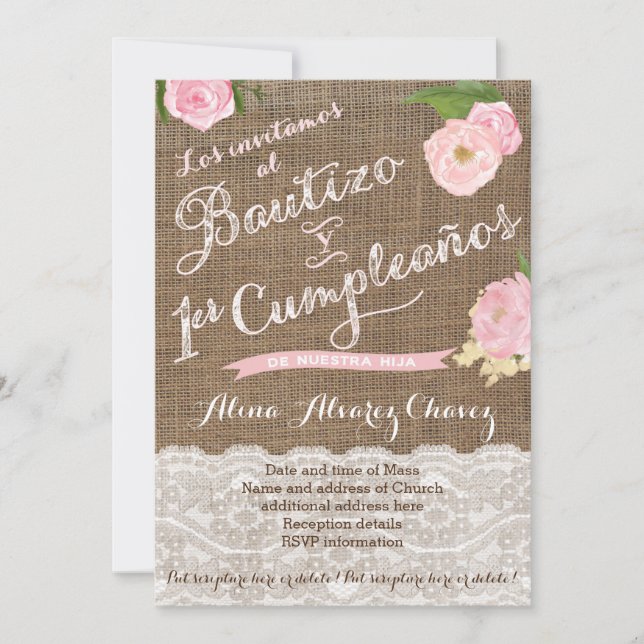 Convite Bautizo y primer cumple, espanhol convidado Castel (Frente)