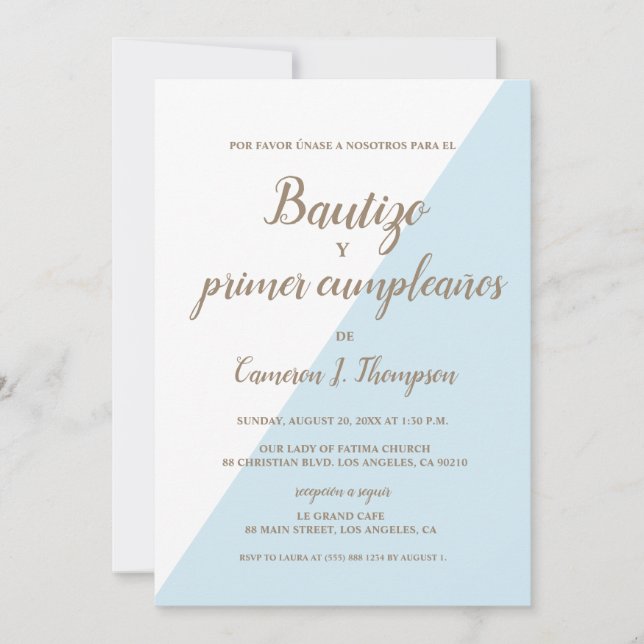 Convite Bautizo y primer cumpleaños Baptism spanish Blue (Frente)