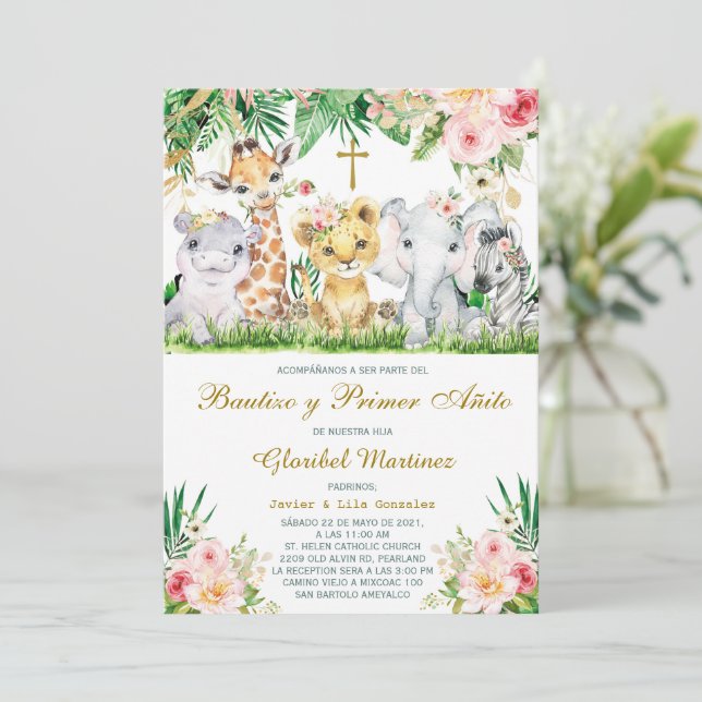 Convite Bautizo y Primer Cumpleaños Jungla Invi (Em pé/Frente)