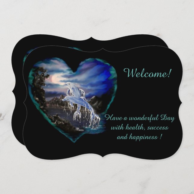 Convite Bay at Night, Dolphin Love, adicione seu texto (Frente/Verso)