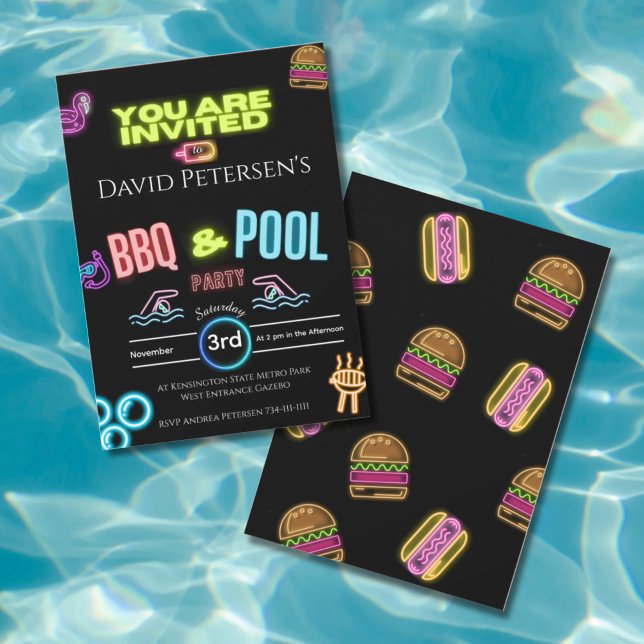 Convite BBQ and Pool Party Neon Birthday Invitation (Criador carregado)