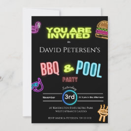 Convite BBQ and Pool Party Neon Birthday Invitation