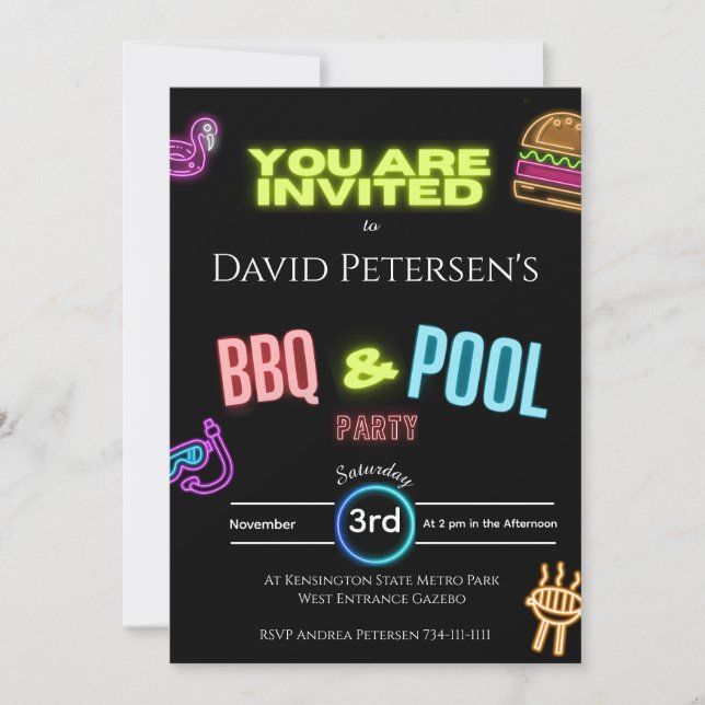 Convite BBQ and Pool Party Neon Birthday Invitation (Frente)