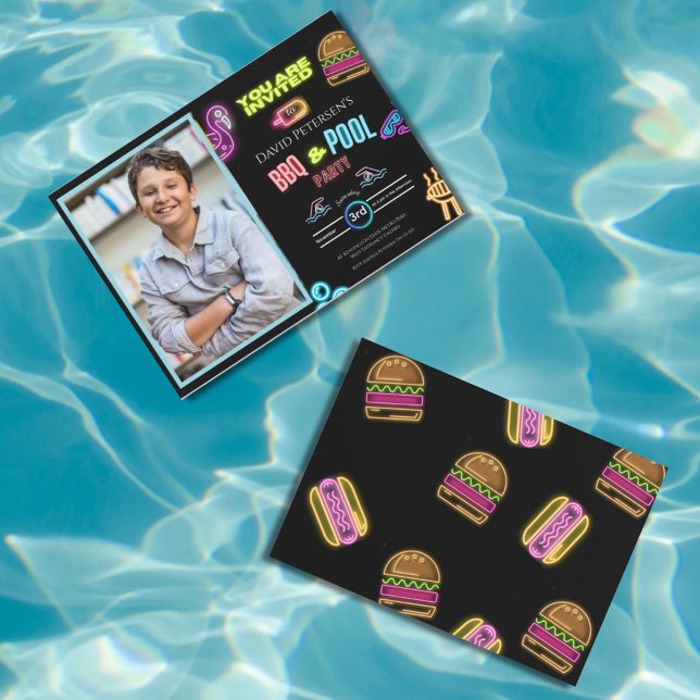 Convite BBQ and Pool Party Neon Photo Birthday Invitation (Criador carregado)