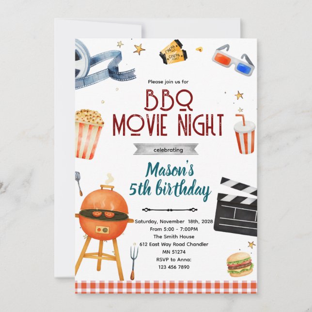 Convite BBQ Backyard Movie Night Invitation (Frente)