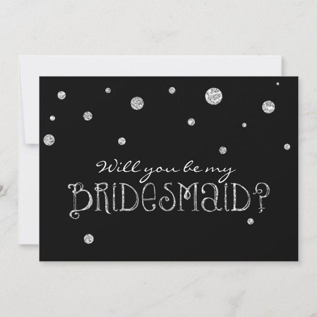 Convite BE MINHA BRIDESMAID Black Silver Glitter Modern Ca (Frente)