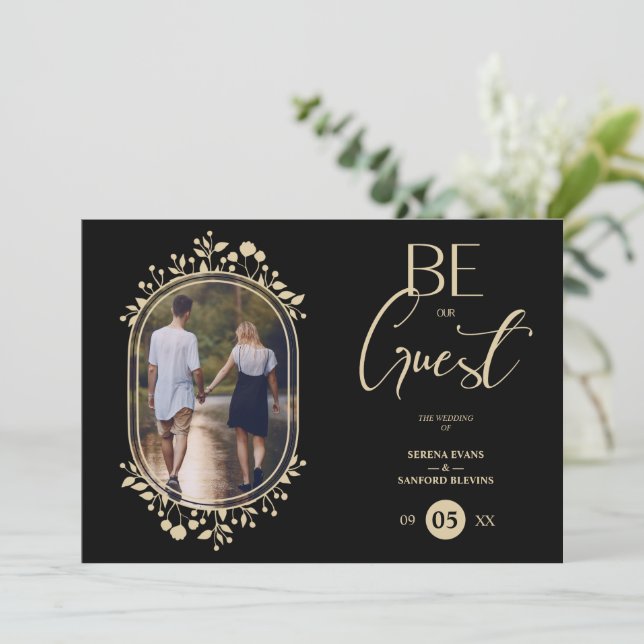 Convite Be our Guest Black Wedding Fancy Frame Flowers (Em pé/Frente)
