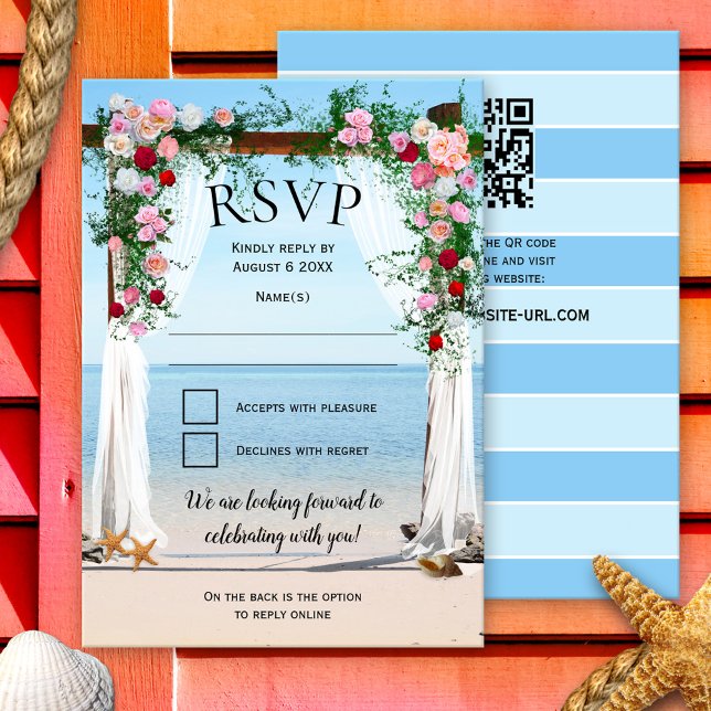 Convite Beach Arbor com RSVP de Casamento de Rosas (Elegant beach or destination wedding RSVP invitation card with an arbor with roses on the beach)