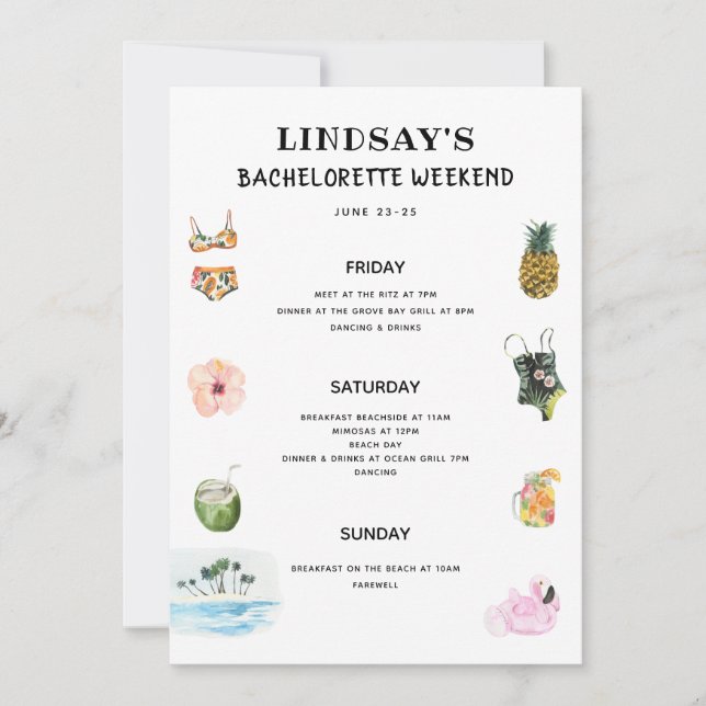 Convite Beach Bikini Bachelorette Itinerary (Frente)