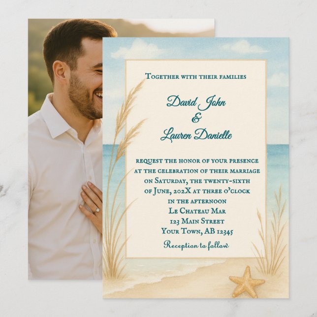 Convite Beach Bliss Photo Wedding Invitation (Frente/Verso)