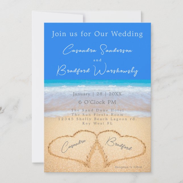 Convite Beach Blue 2 Hearts in the Sand Wedding (Frente)