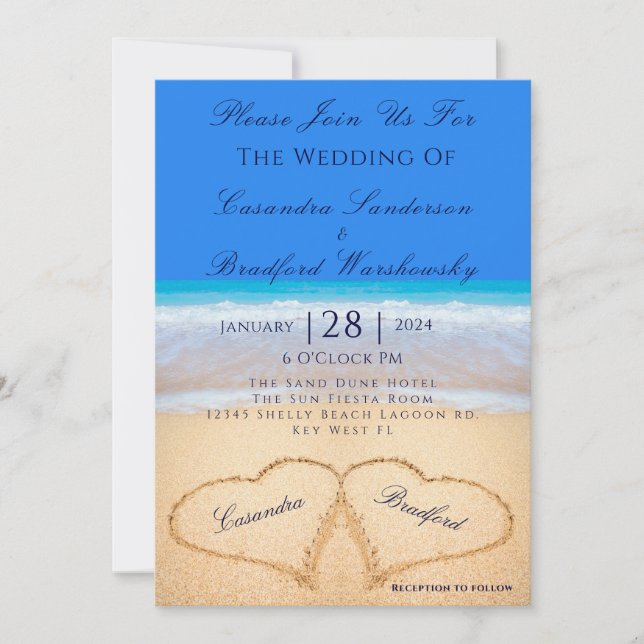 Convite Beach Blue 2 Hearts in the Sand Wedding (Frente)
