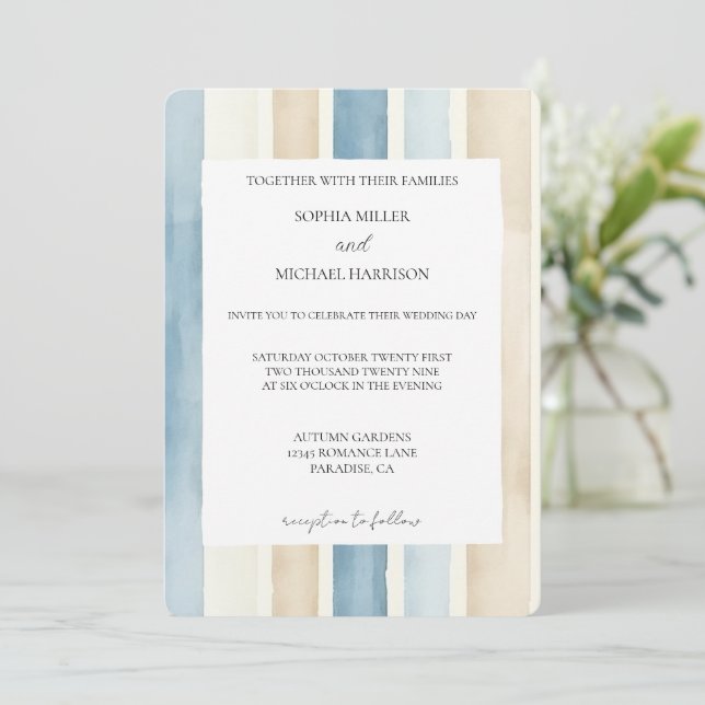 Convite Beach Blue Ivory Cream Sand Stripes Wedding (Em pé/Frente)