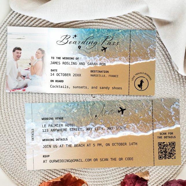 Convite Beach Boarding Pass Wedding Destination QR code In (Criador carregado)