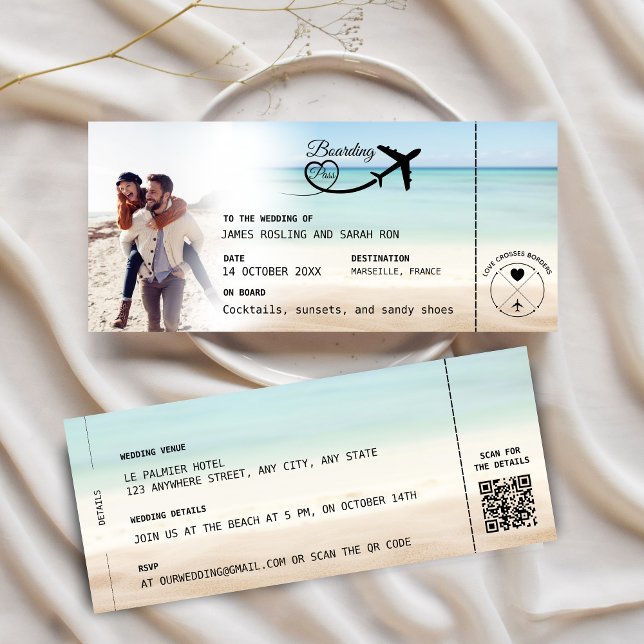 Convite Beach Boarding Pass Wedding Invitation with QR Cod (Criador carregado)