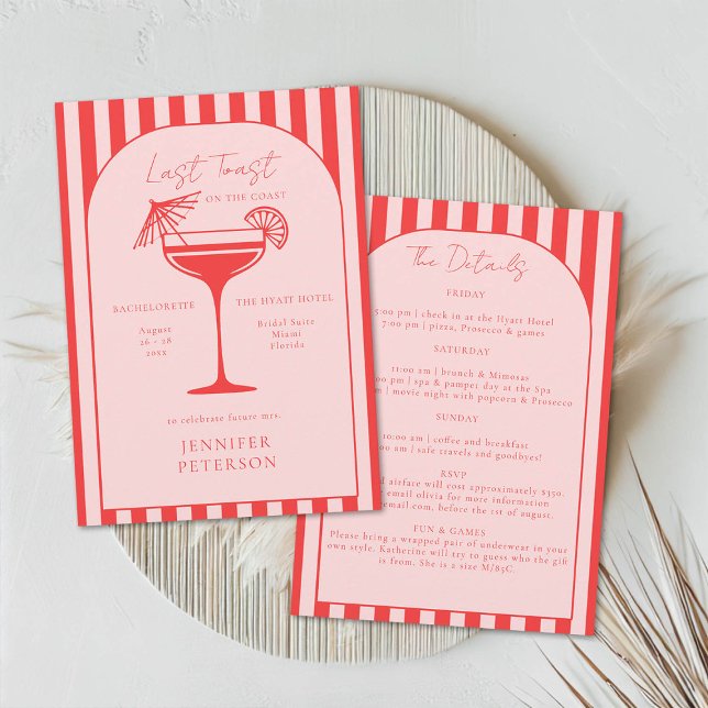 Convite Beach Boho Red Pink Festa de solteira Itinerário (beach bachelorette weekend last toast coastal nautical stripes boho arch elegant classy red pink)