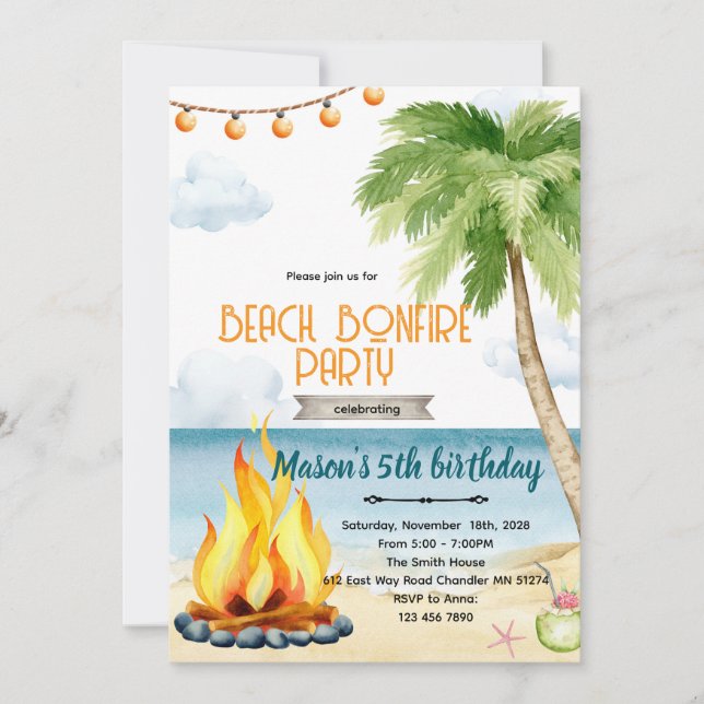 Convite Beach bonfire party theme invitation (Frente)