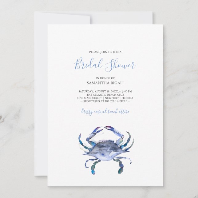 Convite Beach Bridal Shower Invitations Watercolor Crab (Frente)