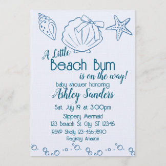 Convite Beach Bum on the Way, Blue Seashells Baby Shower