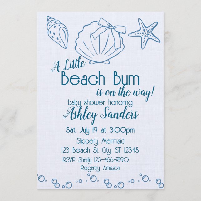Convite Beach Bum on the Way, Blue Seashells Baby Shower (Frente)