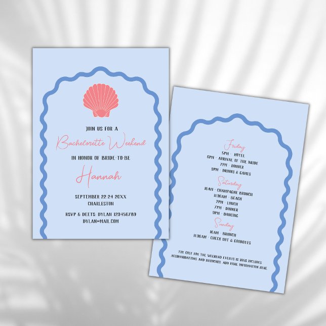 Convite Beach Coastal Bachelorette Weekend Seashell (beach bachelorette invitation coastal bachelorette weekend invitation seashell wavy arch blue pink)
