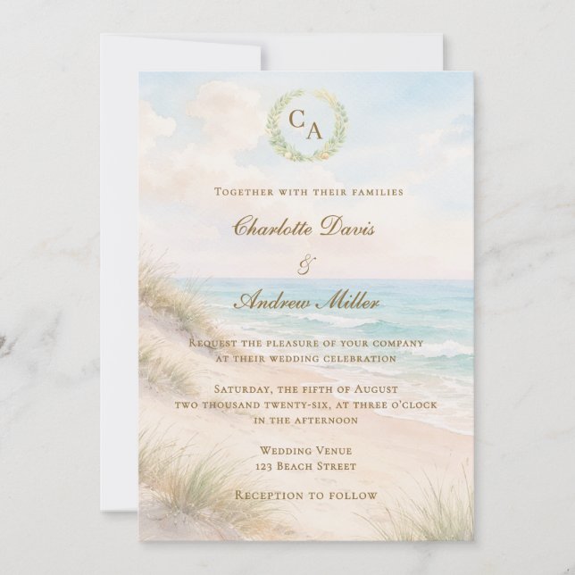 Convite Beach coastal monogrammed wedding (Frente)