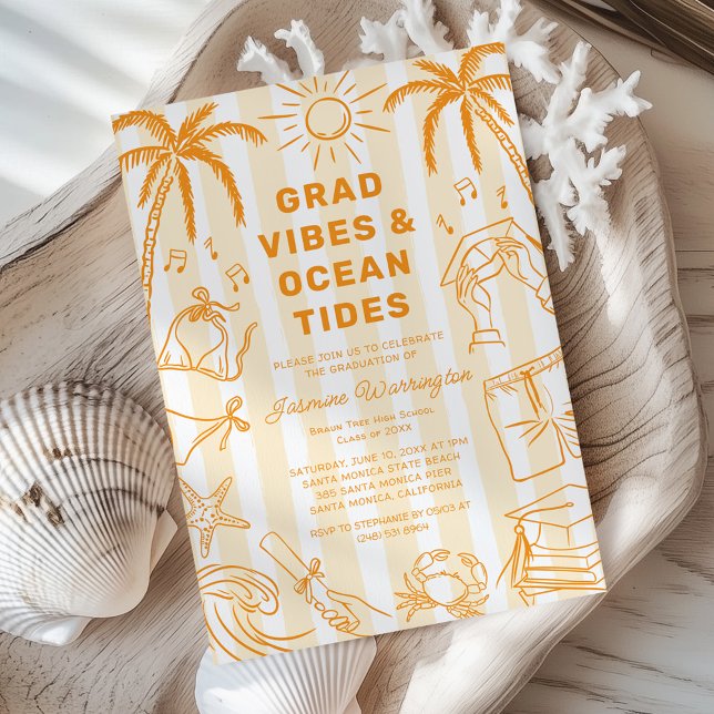 Convite Beach Grad Vibes Doodle Yellow Graduation (Criador carregado)