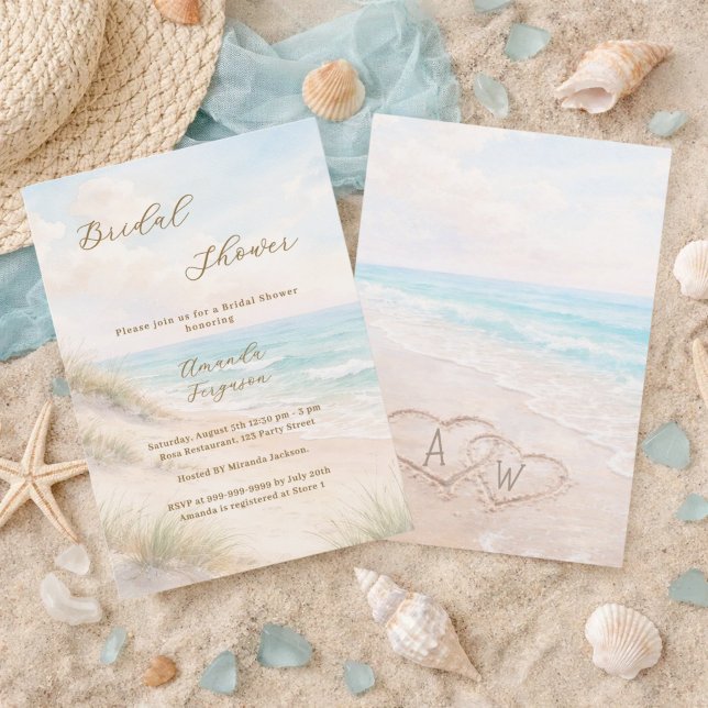 Convite Beach hearts initials sand Bridal Shower (Criador carregado)