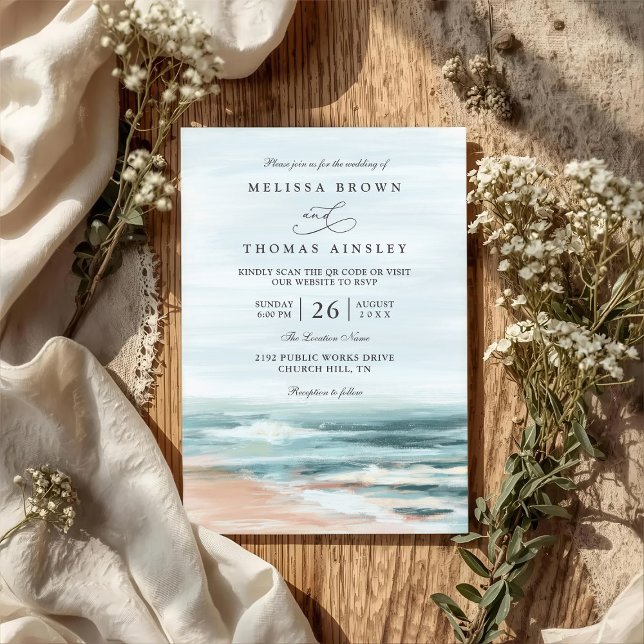 Convite Beach Ocean Destination Elegant QR Code Wedding (Criador carregado)