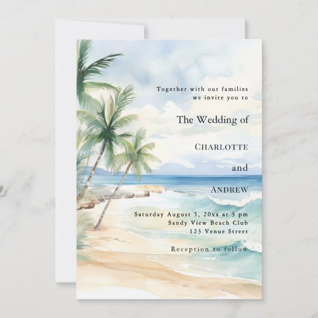 Convite Beach ocean tropical palm destination wedding (Frente)