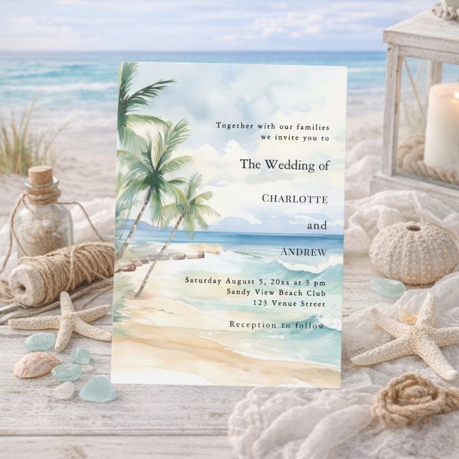 Convite Beach ocean tropical palm destination wedding (Criador carregado)