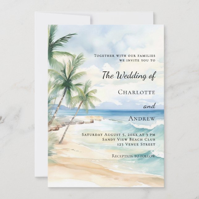 Convite Beach ocean tropical palm destination wedding (Frente)