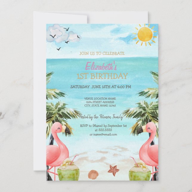 Convite Beach Palm Pink Flamingos Cocktail 1º   (Frente)