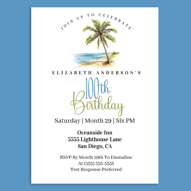 Convite Beach Palm Tree 100th Birthday (Tropical beach palm tree 100th birthday invitation)