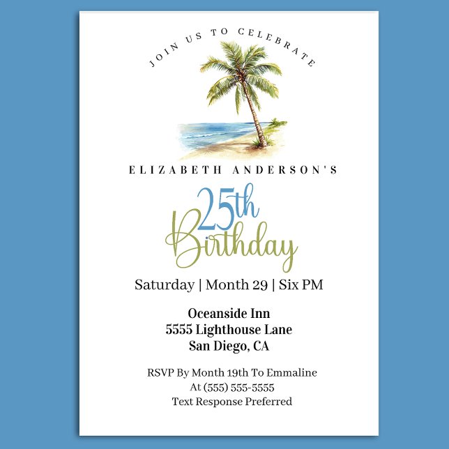 Convite Beach Palm Tree 25th Birthday (Tropical beach 25th birthday invitation with palm tree ocean watercolor design)