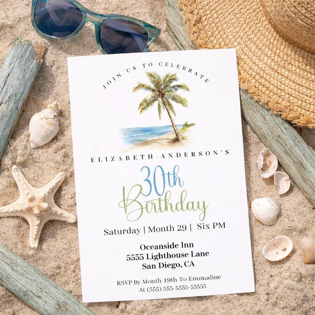 Convite Beach Palm Tree 30th Birthday (Tropical beach palm tree 30th birthday invitation)