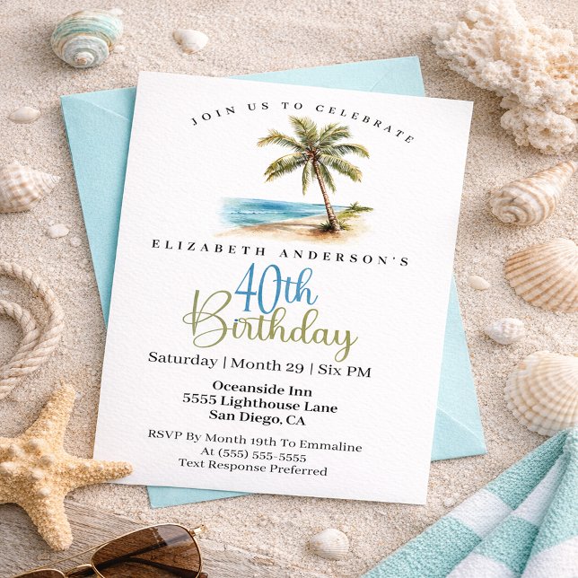 Convite Beach Palm Tree 40th Birthday (Tropical beach palm tree 40th birthday invitation with coastal ocean theme and elegant typography
)