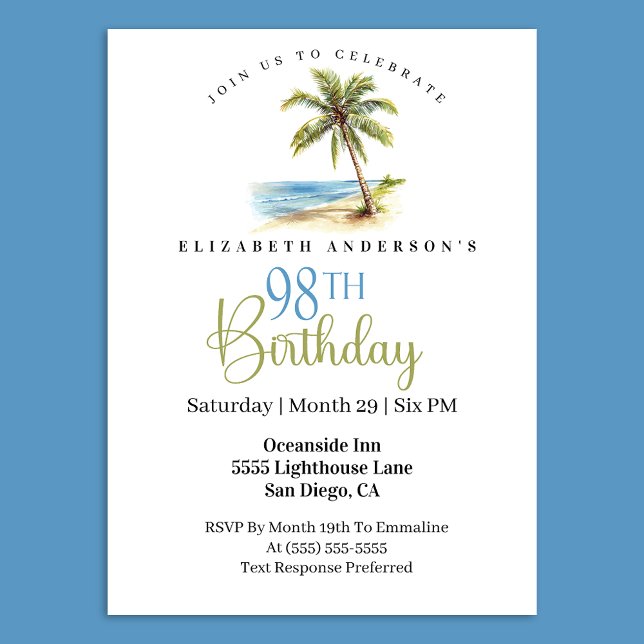 Convite Beach Palm Tree 98th Birthday (Tropical beach palm tree 98th birthday invitation 
)