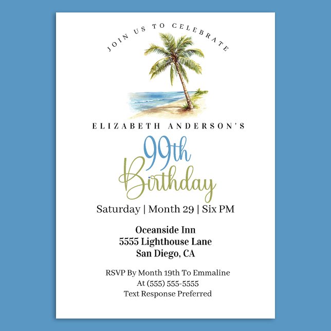 Convite Beach Palm Tree 99th Birthday (Tropical beach palm tree 99th birthday invitation)