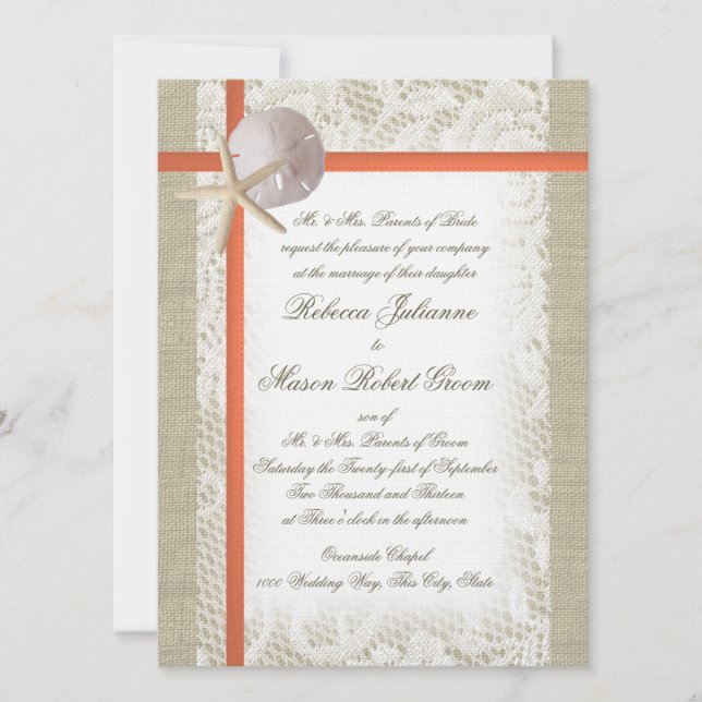 Convite Beach Romance Burlap e Lace Wedding Coral (Frente)