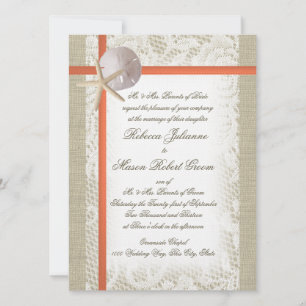 Convite Beach Romance Burlap e Lace Wedding Coral