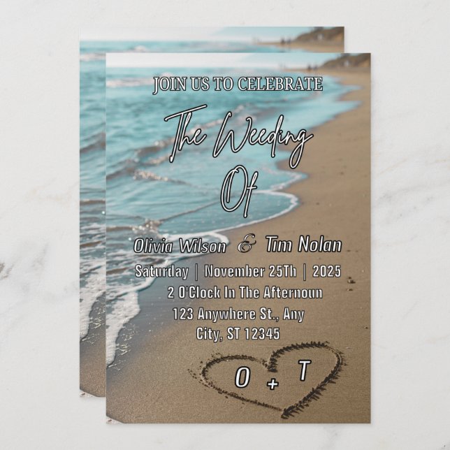 Convite Beach Sand Hearts Elegant Tropical Modern Wedding (Frente/Verso)