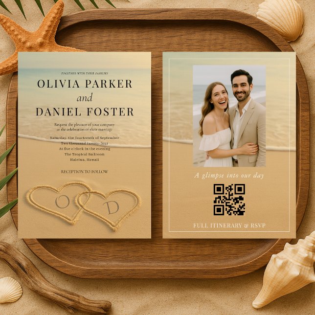 Convite Beach Sand Hearts Tropical Photo QR Code Wedding  (Criador carregado)