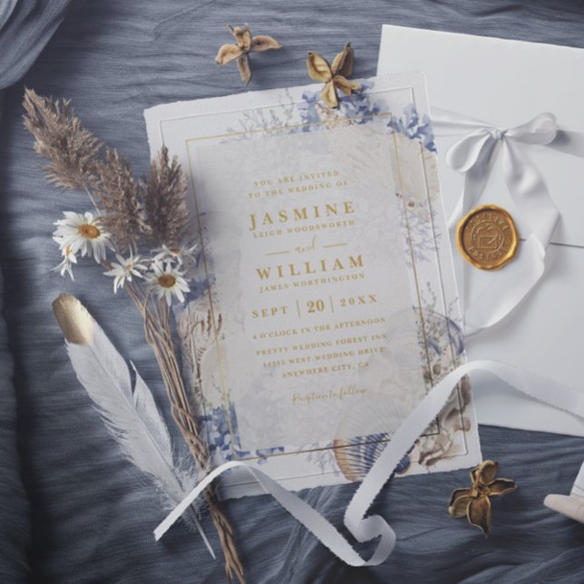 Convite Beach Sea Shells Elegant Modern QR Code Wedding (Criador carregado)