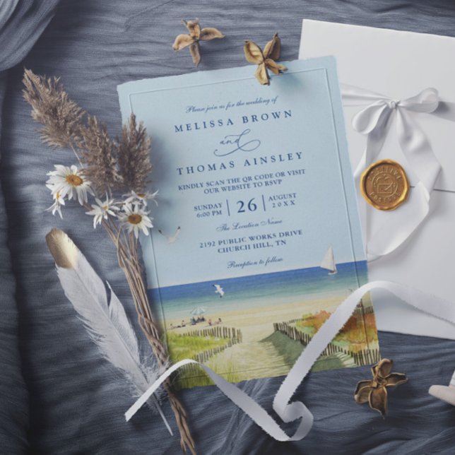 Convite Beach Sea Tropical Sandy Elegant QR Code Wedding (Criador carregado)