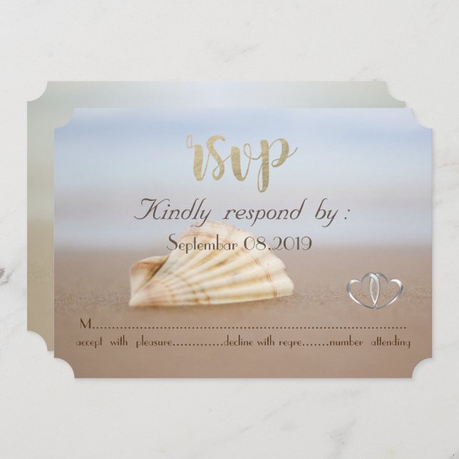 Convite Beach Seashell, Hearts RSVP (Frente/Verso)