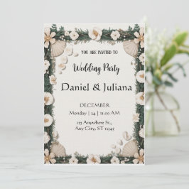 Convite Beach Shell & Floral Frame Engagement Invitation