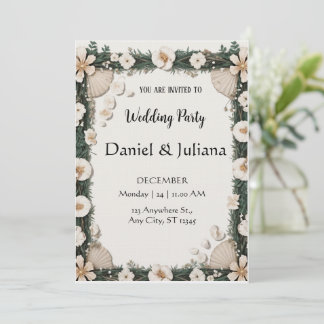 Convite Beach Shell & Floral Frame Engagement Invitation