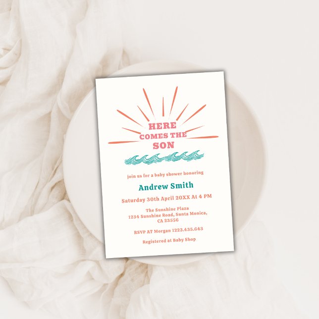 Convite Beach Sunshine Vem O Chá de fraldas Do Filho (Beach Sunshine Here Comes The Son Baby Shower Invitation)