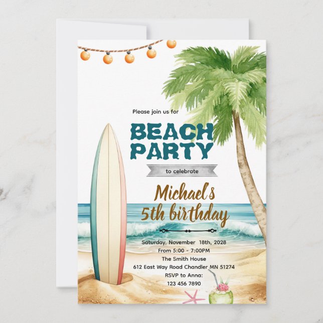 Convite Beach surf theme invitation (Frente)